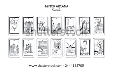 Set of Swords  in occult tarot cards deck. Minor arcanas designs set with Ace, Knight, King, Queen, Page of Swords signs and symbols in modern style. Isolated sketch engraved vector illustrations