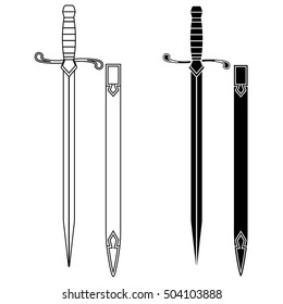 Set of swords with scabbard. Outline vector illustration isolated on white background