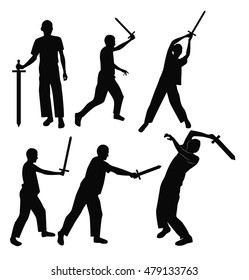 Set swordsman silhouettes in different poses. Vector illustration