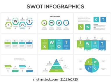 Set swot diagram with 4 steps, options, parts or processes. Threats, weaknesses, strengths, opportunities of the company