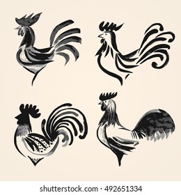 Set symbol 2017 rooster in the style of Chinese painting. 