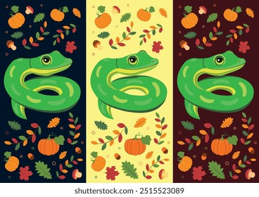 Set symbol of 2025 green snake on autumn theme, colorful leaves, mushrooms, branches