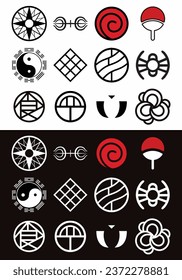 Set symbol clan vector on anime Naruto. Otsutsuki, Senju, Uzumaki, Uchiha Clan, Hyuga, Hatake, Nara, Aburame, Akimichi, Yamanaka, Inuzuka, Sarutobi. With two option background editable svg