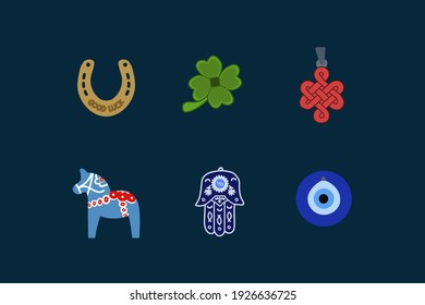 Stellen Sie das Symbol des Glücks auf. Hamsa Amulet, Nazar, Golden Horseshoe, Chinesischer Knoten, Dala Pferde, Grüne Klee für Glück. Symbole, die Glück und Glück bringen. Ein von Hand gezeichnetes Glücksmuster