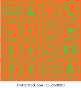 Set symbol icon. Vector icon of telephone, letter, account, headset, basket, check, current, clock, camera, dollar, euro, home, location, yen, paper dollar and circle.