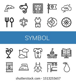 Set of symbol icons such as Dolphin, Cutlery, Snorkel, Fleur de lis, Monitor, Clothes, Flag, Pie chart, Carbon dioxide, Embroidery, Cosmopolitan, Oil barrel, Cloud computing , symbol