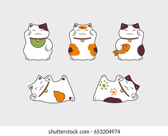 set a symbol maneki neko the attracting cat of good luck with the paws raised up the Japanese tradition