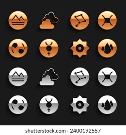 Set Symbol Mercury, Gemini zodiac, Water drop, Falling star, Cancer, Great Bear constellation, Earth element and Cloudy weather icon. Vector