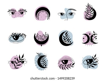 Set symbol nature elegant. Moon and eyes symbol mystic.Vector illustration.
