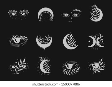 Set symbol nature elegant. Moon and eyes symbol mystic.Vector illustration.