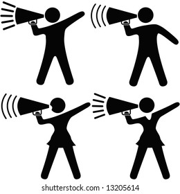 A set of symbol people including cheerleaders shout cheers, announcements, your copy into megaphones.