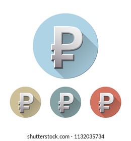 Set of symbol of russian ruble on colored circle flat icons, isolated on white. Financial, business and investment concept. Vector illustration