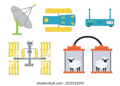 Set of symbol of scientific achievements of the 1990's. Satellite dish, internet modem, Dolly the sheep, space station, telescope