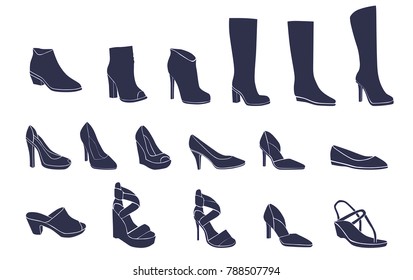 Set symbol silhouettes shoes for woman and girl,  different models, isolated on white background
