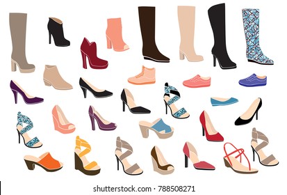 Set symbol silhouettes shoes for woman and girl,  different models and  color, isolated on white background