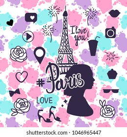 Set a symbol of trends in social networks. A vacation concept in Paris with shopping and travel. Vector illustration.