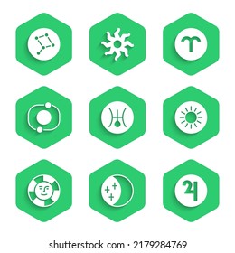 Set Symbol Uranus, Eclipse of the sun, Jupiter, Sun, Solar system, Aries zodiac and Great Bear constellation icon. Vector
