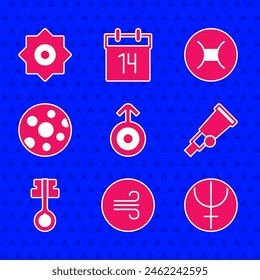 Set Symbol Uranus, Windy weather, Neptune planet, Telescope, Old magic key, Full moon, Gemini zodiac and Falling star icon. Vector