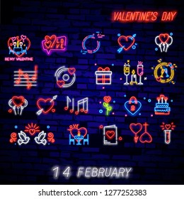 Set of symbol for Valentine s day. Neon sign, bright banner, night whiteboard. Advertising for Valentine s Day, design template for invitations, greetings. Vector. Editing text neon sign