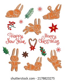 Set Symbol of year 2023 rabbit cookies with leaves, flower, lollipop, hand written lettering Happy new year, Merry Christmas. Funny hare sweets cartoon character. Gingerbread cookies illustration