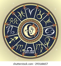 Set of Symbol Zodiac Sign. Zodiac icons.The Horoscope circle with Zodiac signs .Inside the symbol of the sun and moon