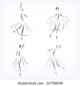 Set of symbolic ballet dancers. Girl drawing by lines.  Isolated on white background