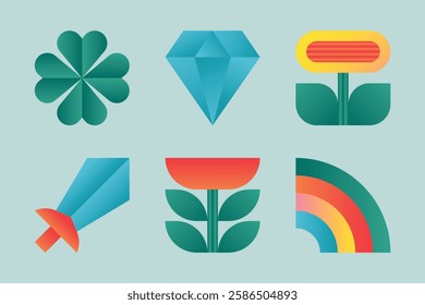 Set of symbolic icons with flower, sword, diamond, rainbow and clover. Geometric and colorful concepts for agriculture or role playing games. Vector illustrations.