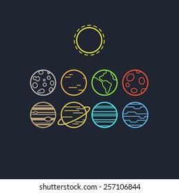 Set Of Symbolic Line Icons Of Solar System Planets And Sun, Isolated On Dark Background.