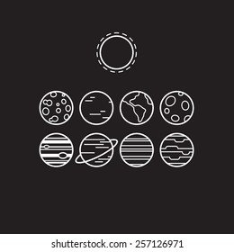 Set of symbolic line icons of solar system planets and sun, isolated on dark background.