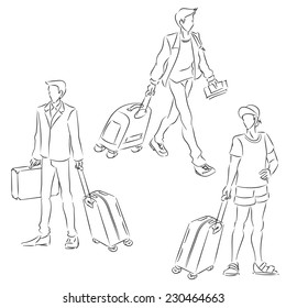 Set with symbolic men drawing by lines. Boys wears summer clothes and holding suitcase. Vector black and white cartoon