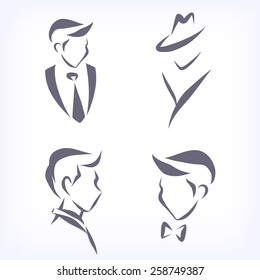 Set of symbolic men heads. Faces in profile and en face. Signs for hairdresser, business firm, fashion boutique. Vector isolated.