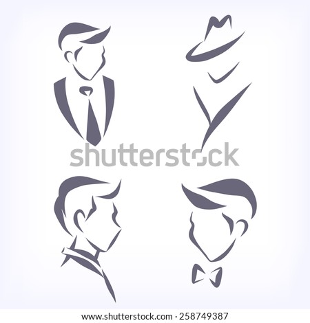 Set of symbolic men heads. Faces in profile and en face. Signs for hairdresser, business firm, fashion boutique. Vector isolated.
