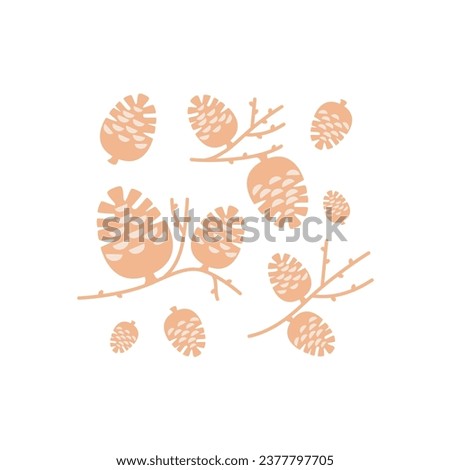 Set of symbolic pine cones on branch with buds in minimalist simple style in monochrome beige and brown tones. Vector graphics in rustic style on isolated white background.