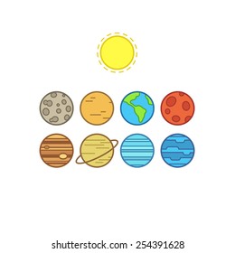 Set of symbolic stylized icons of solar system planets and sun, isolated on white background.