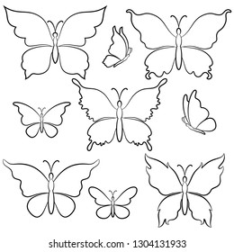 Set Symbolical Butterflies Black Contours Isolated on White Background. Vector