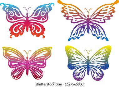 Set Symbolical Exotic Butterflies, Colorful Pictograms Isolated on White Background. Vector