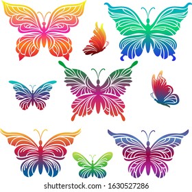 Set Symbolical Exotic Butterflies, Colorful Pictograms Isolated on White Background. Vector