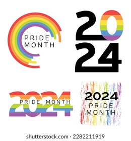 Set of symbols for 2024 Pride month. Elements with rainbow. Lgbt and lgbtq+ team. Vector 