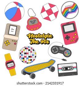 Eine Reihe von Symbolen aus den 90ern. Elektronische Spiele, Skateboard, Disco-Ball, CD, Puzzle, elektronische Armbanduhr, Retro-Kamera. Nostalgie für die neunziger Jahre. Vektorgrafik einzeln auf weißem Hintergrund.