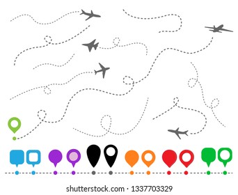 Set symbols aircrafts and pins. Plane line path. dotted trail and fly direction. Airplane silhouette. Vector illustration.