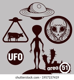 a set of symbols with aliens and unidentified flying objects and symbols. Extraterrestrial biological form. Kidnapping a cow