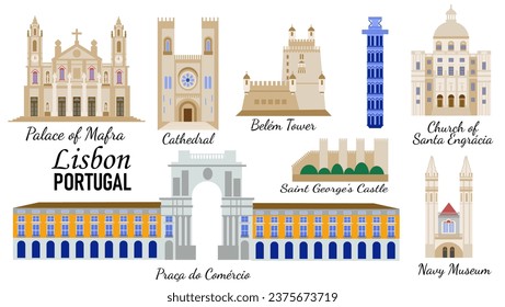Set of symbols and architectural landmarks of Lisbon Portugal, For the design of Souvenirs for tourists and travelers, icons flat style