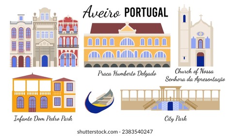 Set of symbols of Aveiro, Portuguese Venice. Architectural sights of the colorful European city of Aveiro, flat illustration for banners, souvenir cards, print on mugs and plates.