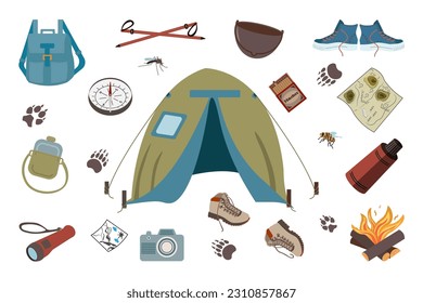 A set of symbols and badges of hiking equipment. A set for hiking. Vector illustration. 
