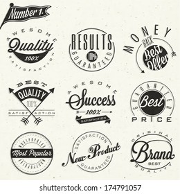 Set of symbols for Best Quality, Original Brand, New Product, Money Back and other business slogans. Retro vintage style typographic style. Hand lettering.