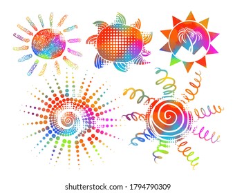 Set Symbols bright colorful funny sun. T-shirt print. Mixed media. Vector Illustration.