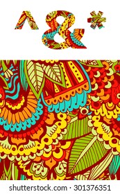 Set of symbols with bright floral pattern. Beautiful hand-drawn letters with a pattern. The oriental style. Tribal style. Summer floral ABC element in vector