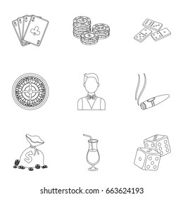 The set of symbols casino games. Gambling for money. Chips, dominoes, casino. Casino and gambling icon in set collection on outline style vector symbol stock illustration.