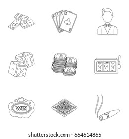 The set of symbols casino games. Gambling for money. Chips, dominoes, casino. Casino and gambling icon in set collection on outline style vector symbol stock illustration.