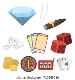 The set of symbols casino games. Gambling for money. Chips, dominoes, casino. Casino and gambling icon in set collection on cartoon style vector symbol stock illustration.